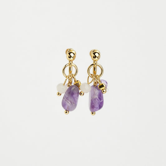 Gold screw-back clip-on hoop earrings with a raw purple amethyst stone, faceted lilac crystal charm, and white bead displayed on a light background.