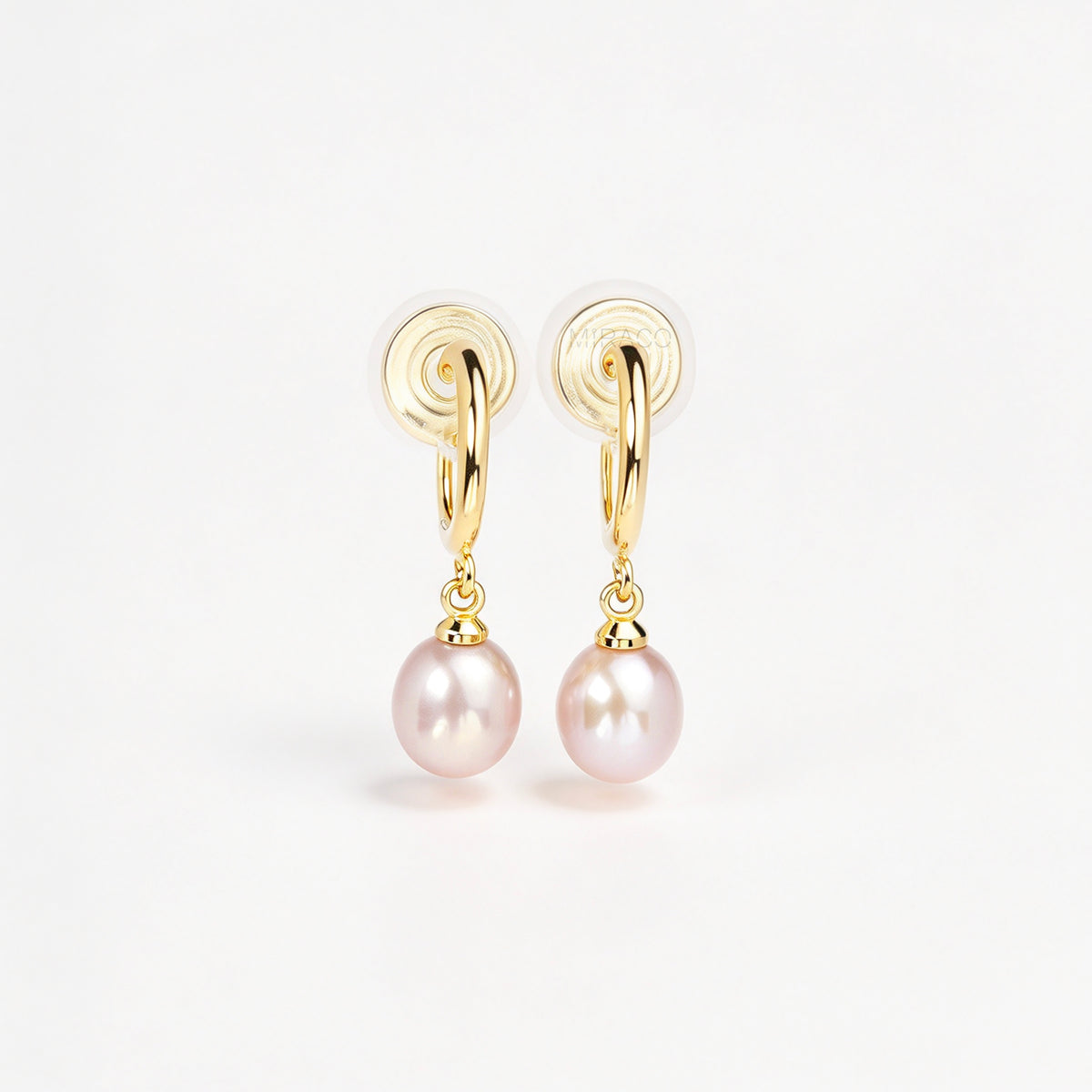 gold clip-on hoop earrings with a teardrop purple freshwater pearl dangle and coil back for non-pierced ears.