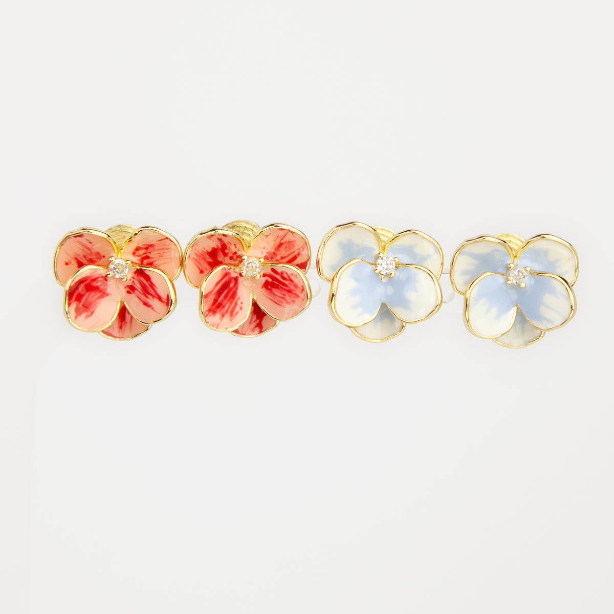 Hand-Painted Enamel Flower Clip-On Stud Earrings – Gold Spring Coil Back Non-Pierced Earrings