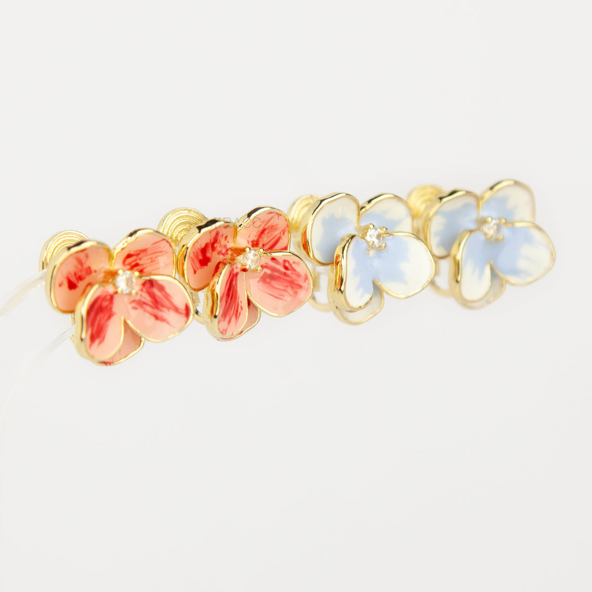 Hand-Painted Enamel Flower Clip-On Stud Earrings – Gold Spring Coil Back Non-Pierced Earrings