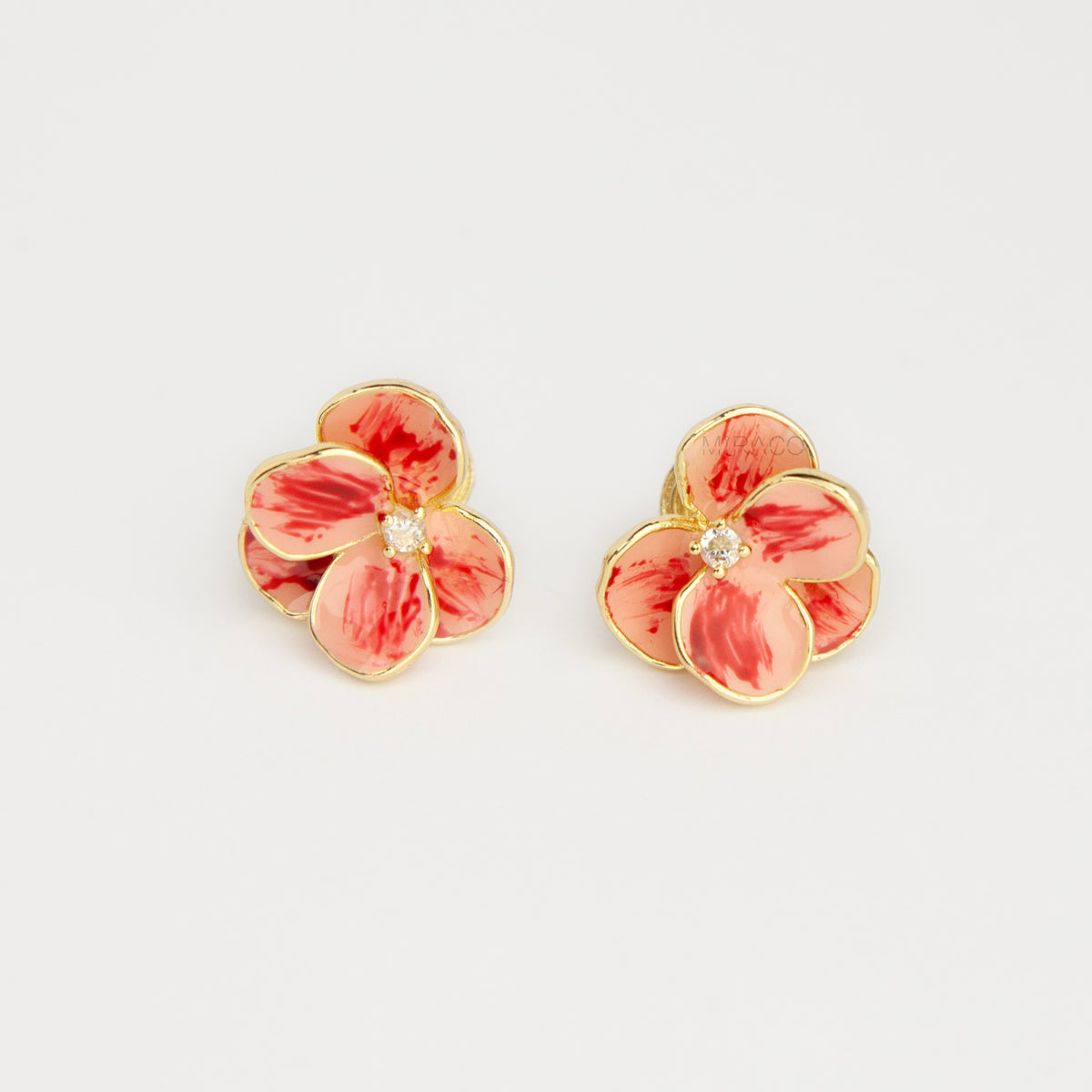 Hand-Painted Enamel Flower Clip-On Stud Earrings – Gold Spring Coil Back Non-Pierced Earrings