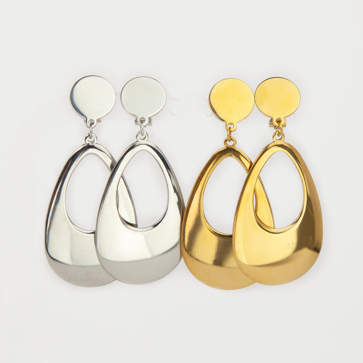 bold gold-plated stainless steel hollow teardrop clip-on dangle earrings with discreet mini-clip backs for non-pierced ears.