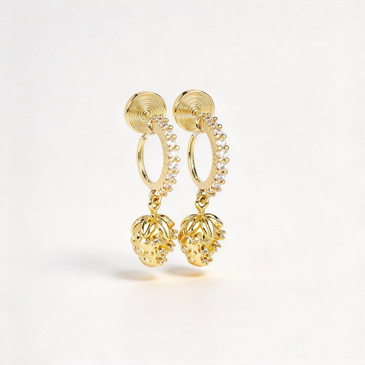 gold-plated strawberry clip-on hoop earrings with pavé cubic zirconia and a comfortable coil back for non-pierced ears.
