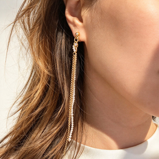Asymmetric Gold Chain & Pearl Drop Clip-On Earrings with Screw Back