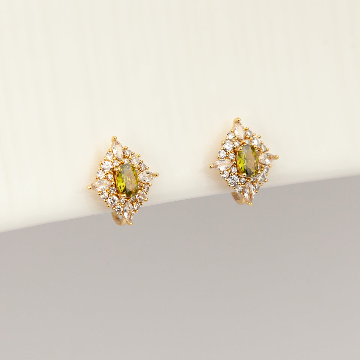 Vintage Olive Green CZ Cluster Coil Back Clip On Earrings for Unpierced Ears