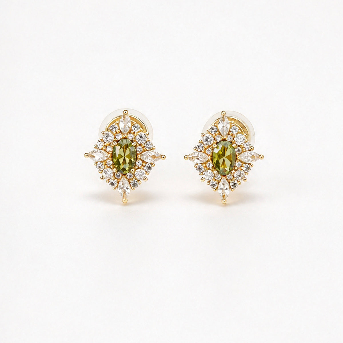 Vintage Olive Green CZ Cluster Coil Back Clip On Earrings for Unpierced Ears