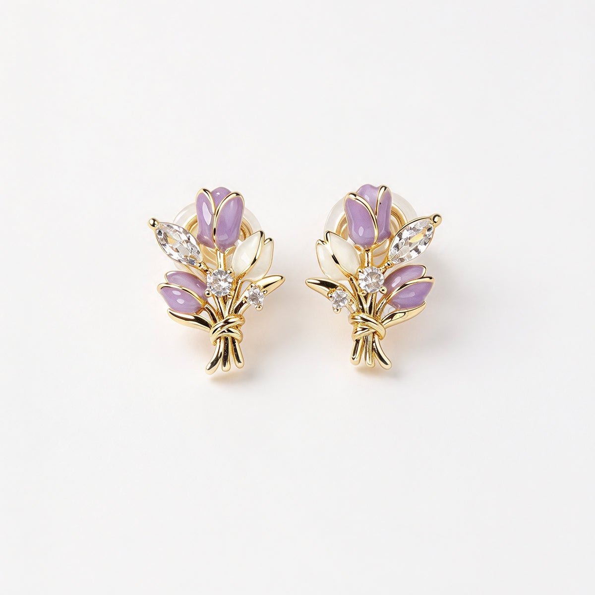 purple and white enamel tulip bouquet clip-on earrings with CZ accents and coil back non-pierced closure in 18K gold plating 