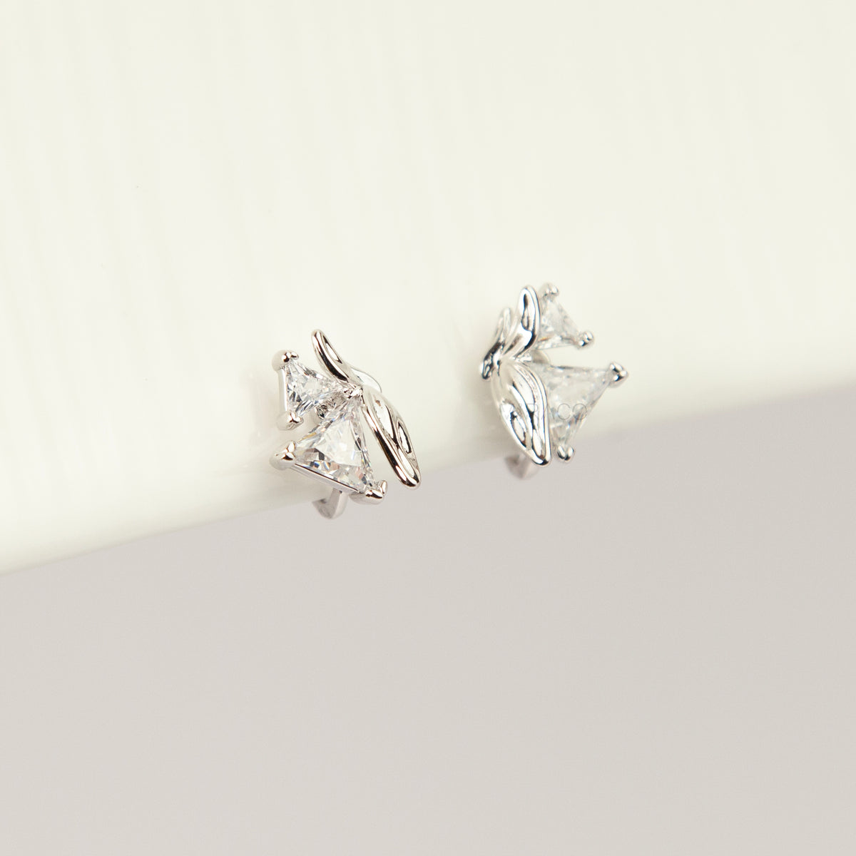 Trillion Cut Butterfly CZ Silver Coil Back Clip On Earrings for Unpierced Ears