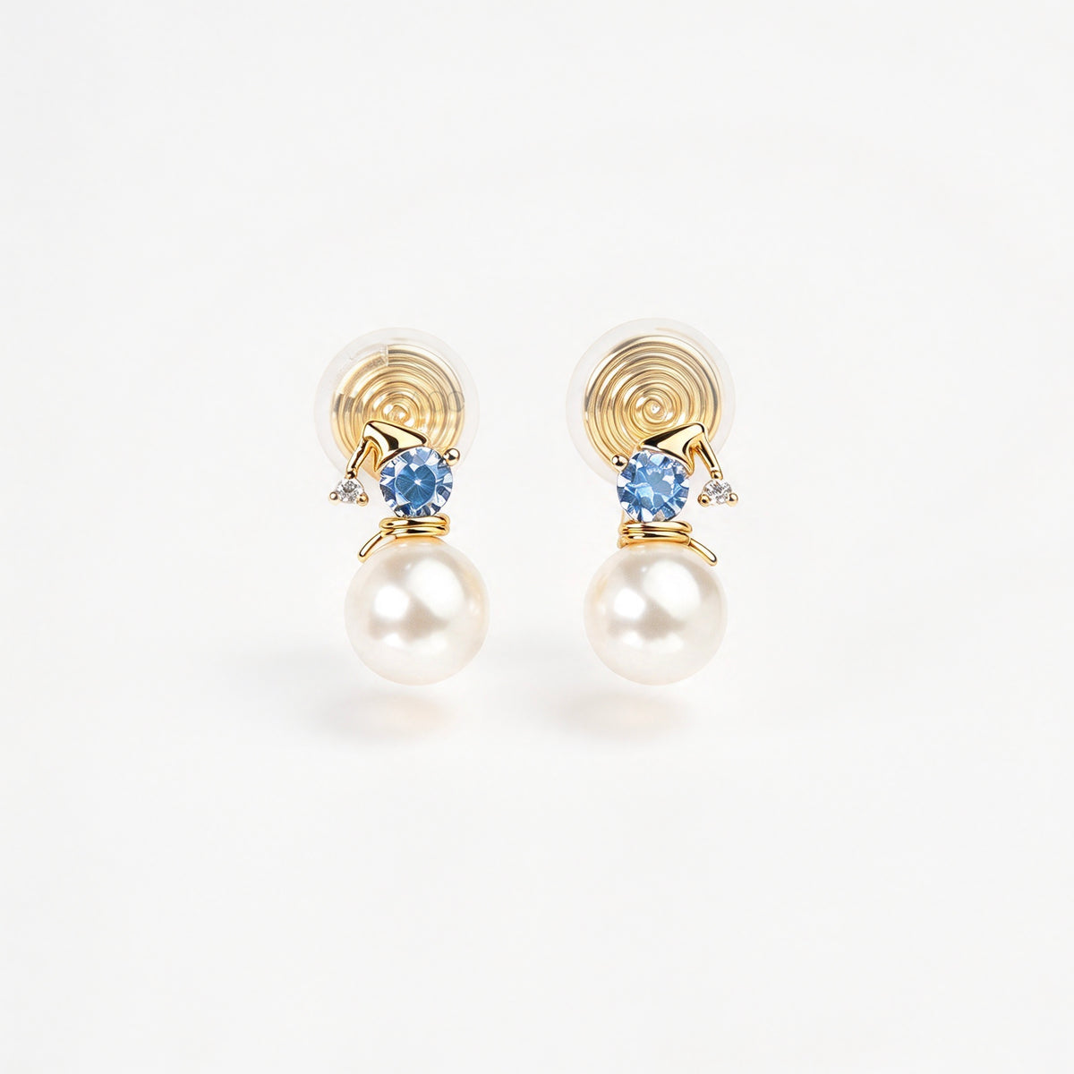 winter snowman pearl drop clip-on earrings featuring a gold hat topper set with a sparkling blue crystal and coil back non-pierced closure
