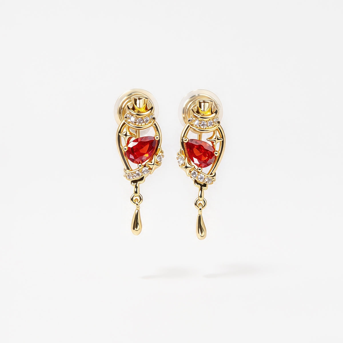 18K gold-plated royal crimson hat starburst teardrop clip-on earrings with red CZ stone and coil back non-pierced closure