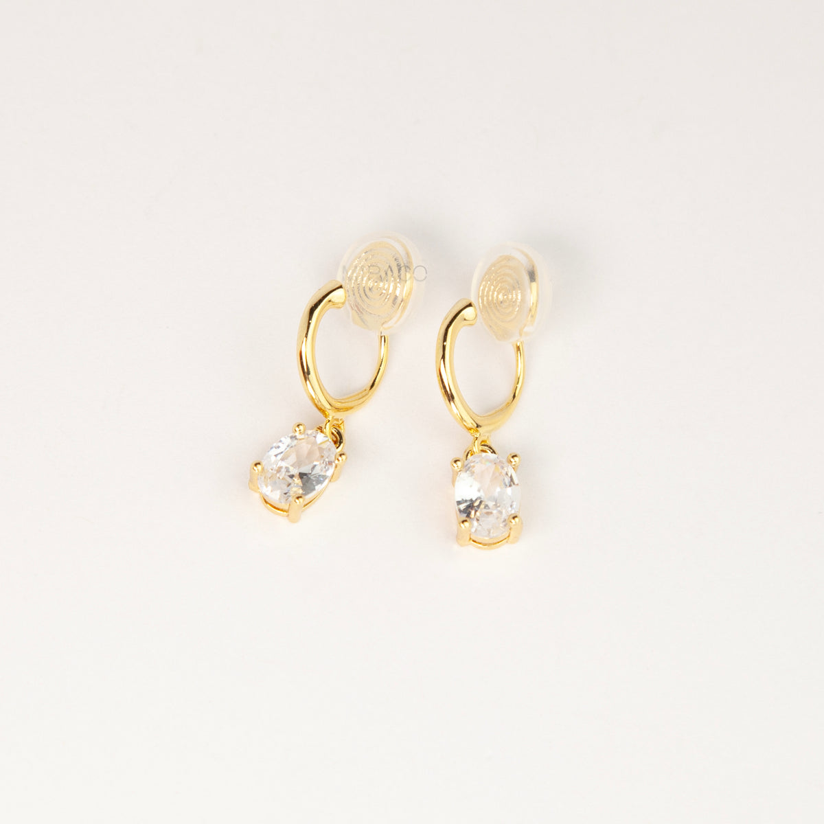 18K gold plated oval solitaire crystal huggie drop clip-on earrings with coil back non-pierced closure