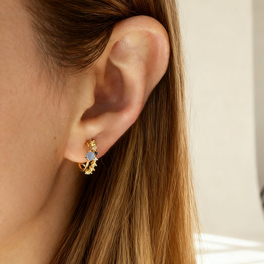 Clip On Hoop Earrings with Small Blue Gemstone, Small Gold Hoop Earrings, Clip On Hoop Earrings, Clip On Earrings for Women