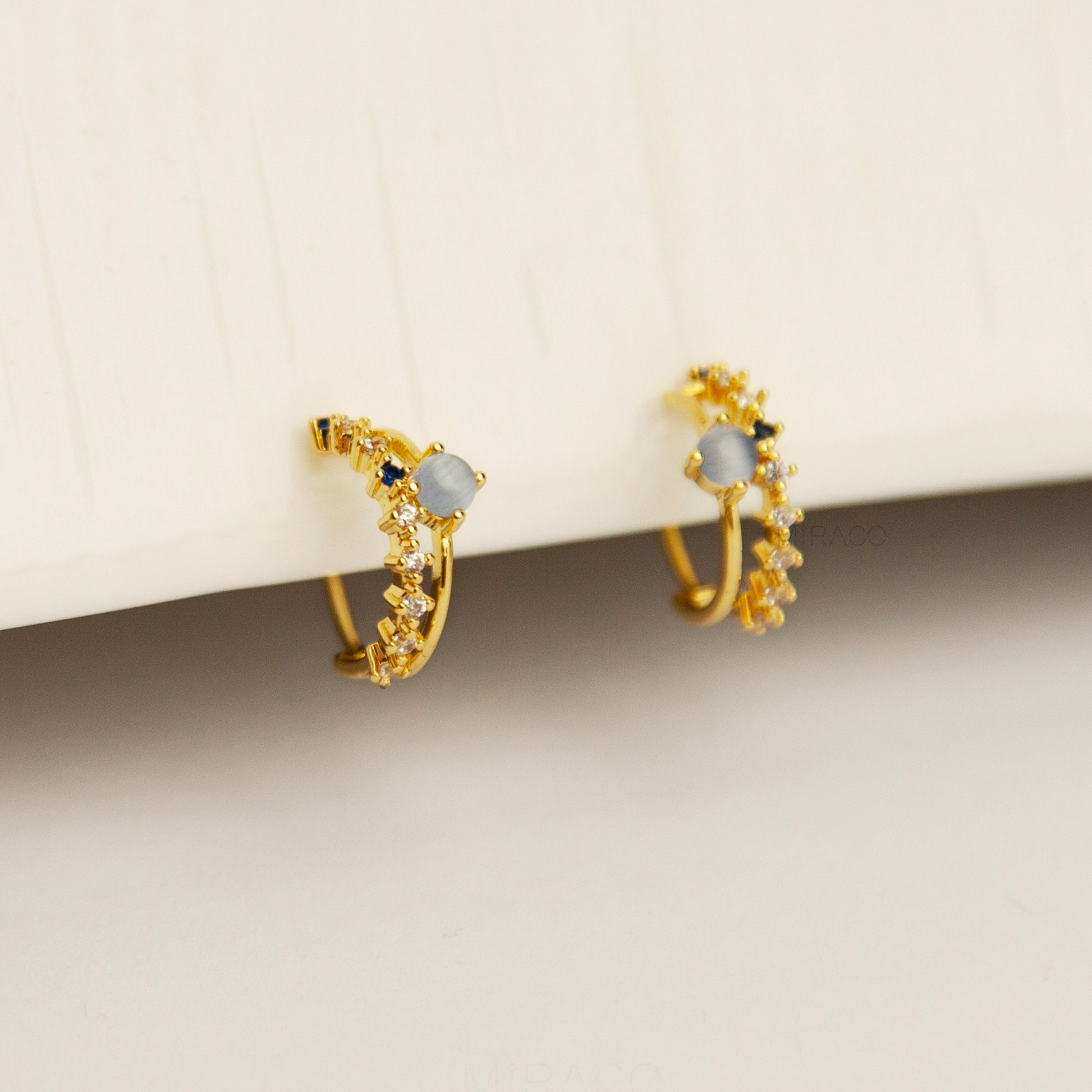 Clip On Hoop Earrings with Small Blue Gemstone, Small Gold Hoop Earrings, Clip On Hoop Earrings, Clip On Earrings for Women