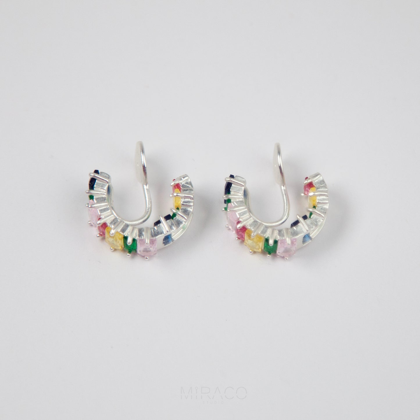 Silver Rainbow Clip On Huggie Earrings