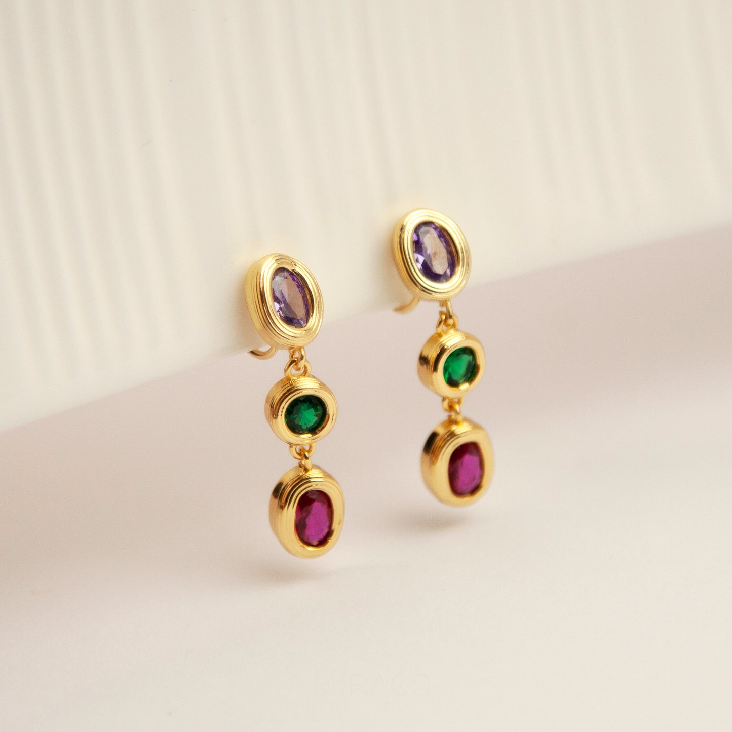 Clip On Dangle Colorful Crystal Dangle and Drop Earrings Purple Green Non Pierced Earrings