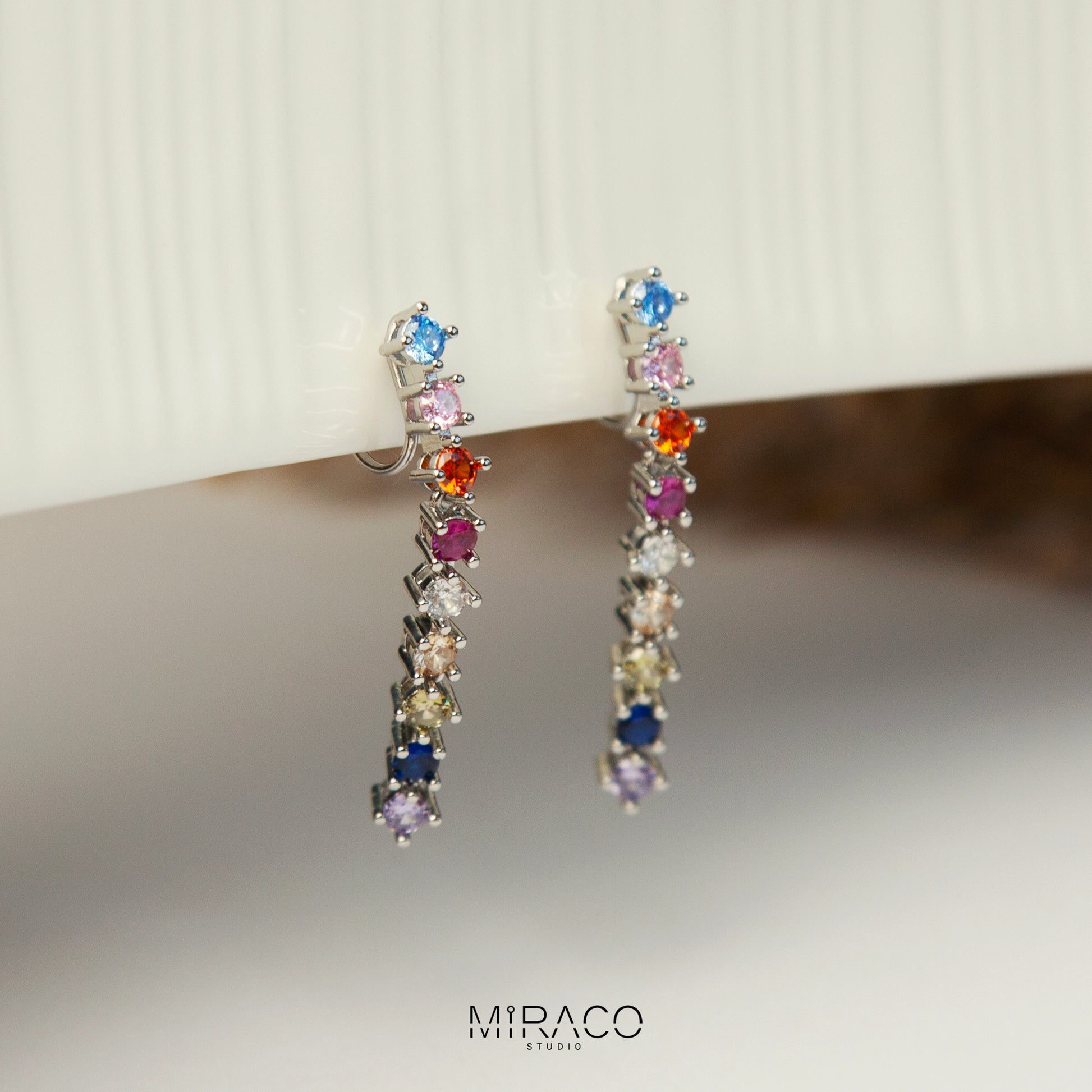 Minimalist Crystal Cluster Dangle Earrings, Clip On Stone Drop Earrings, Silver Rainbow Crystal