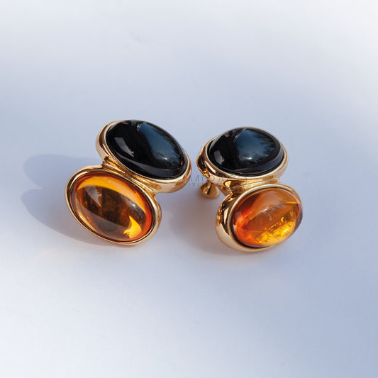 clip on earrings for non pierced ears
screw back clip on earrings
gold clip on earrings UK
statement clip on earrings
black and amber earrings
bold vintage earrings
unisex clip on earrings
gift for earring lovers
retro style jewellery UK