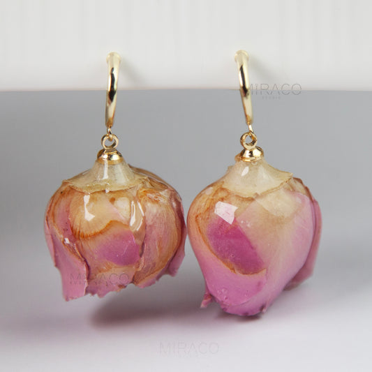 eal Rose Flower Dangle Hoop Earrings, Floral Resin Earrings, Pinky Floral Rosebuds Earrings
