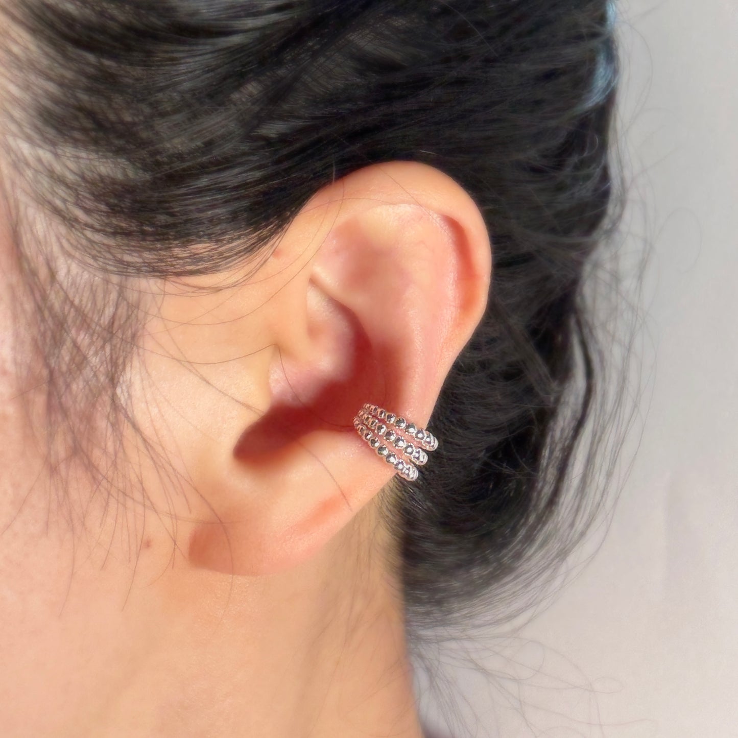 Sterling Silver Triple Hoops Small Bead Ear Cuff for Non Pierced Ears