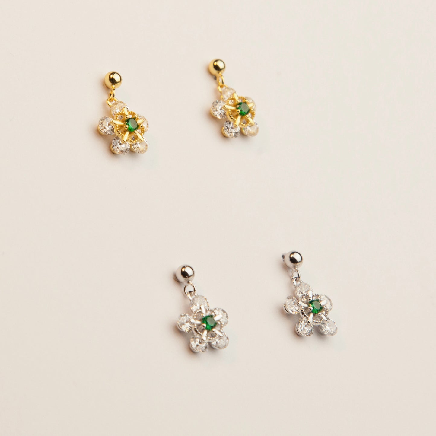 CZ Flower Dangle Drop Earrings,&nbsp; Sterling Silver Cherry Blossom Diamond Earrings, Dainty Green Crystal Flower Earring, Gold Or Silver Sparkly Crystal Flower Earrings