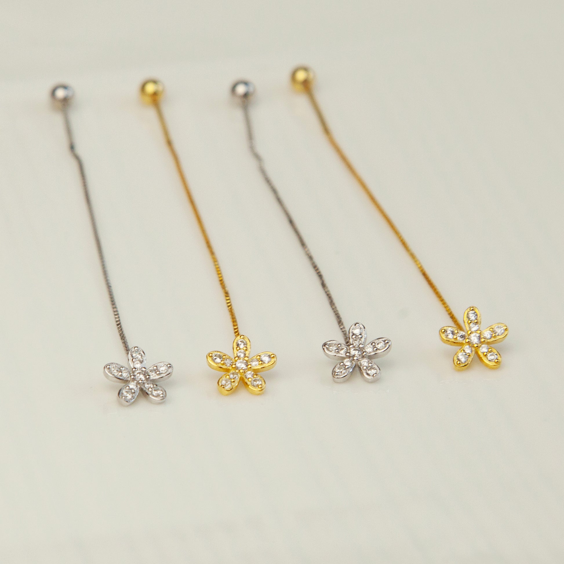 Sterling Silver Cute Small Five-Petaled Flower Threader Earrings with Tiny Pave Diamonds and Secure Screw Back, CZ Crystal Flower Threader Earrings, Cherry Flower Bauhinia Threader Earrings