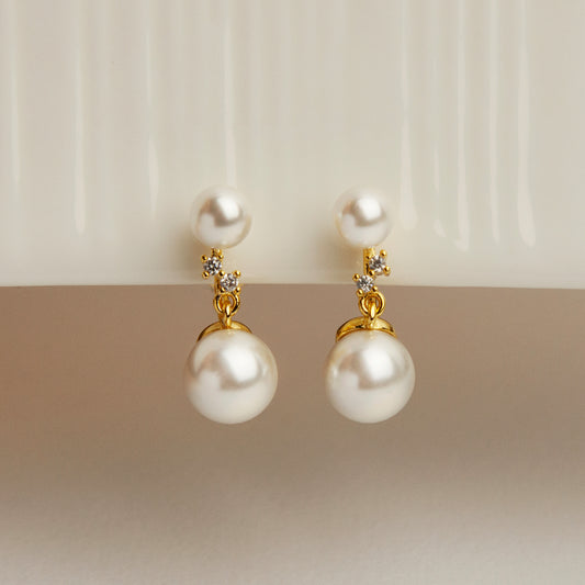 Double Pearls Dangle Clip On Earrings With Small Diamond