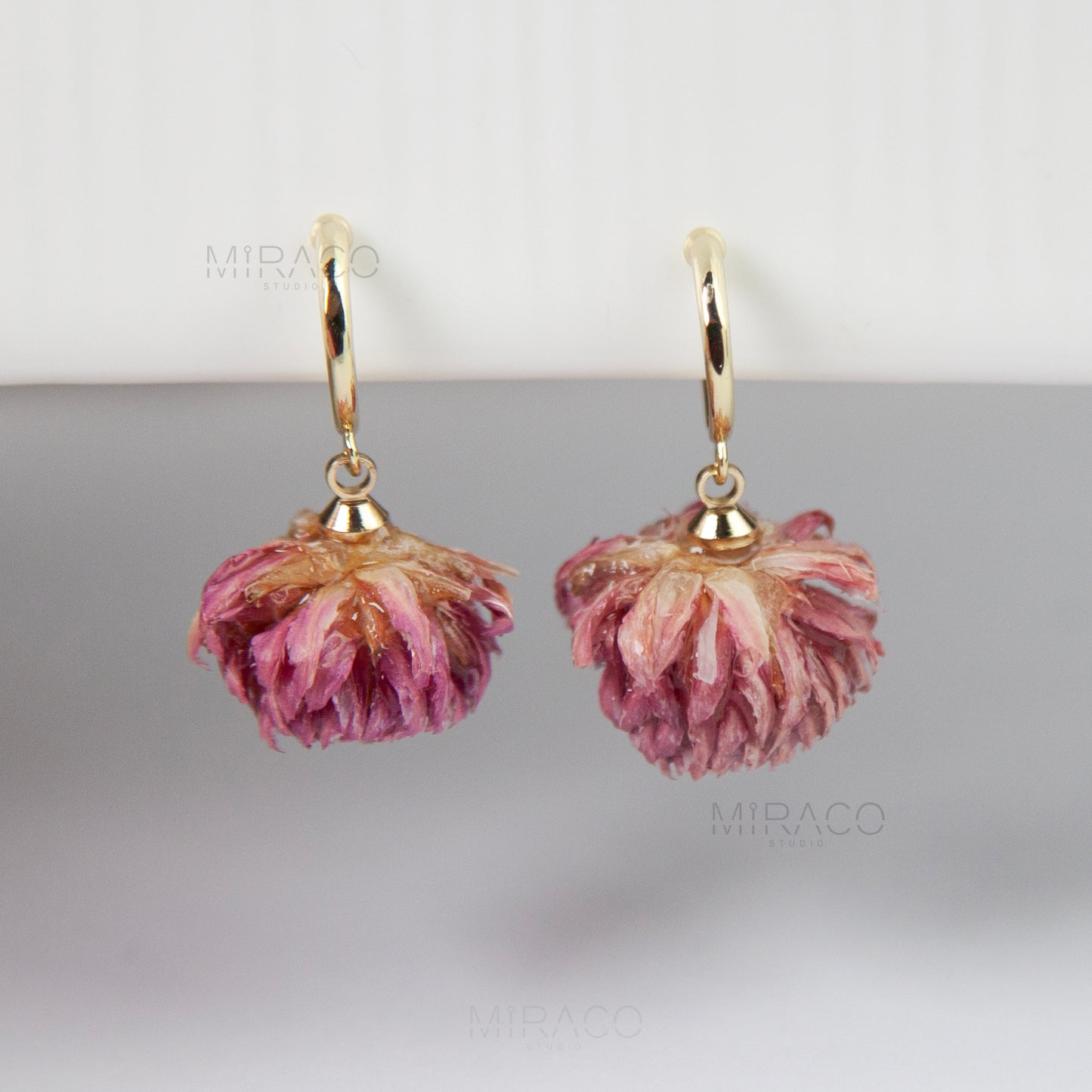 pink dried flower clip on earrings Gold Hoop Earrings with Preserved Glove Amaranth Flower Dangle Hoop Pink Floral Resin Earrings
