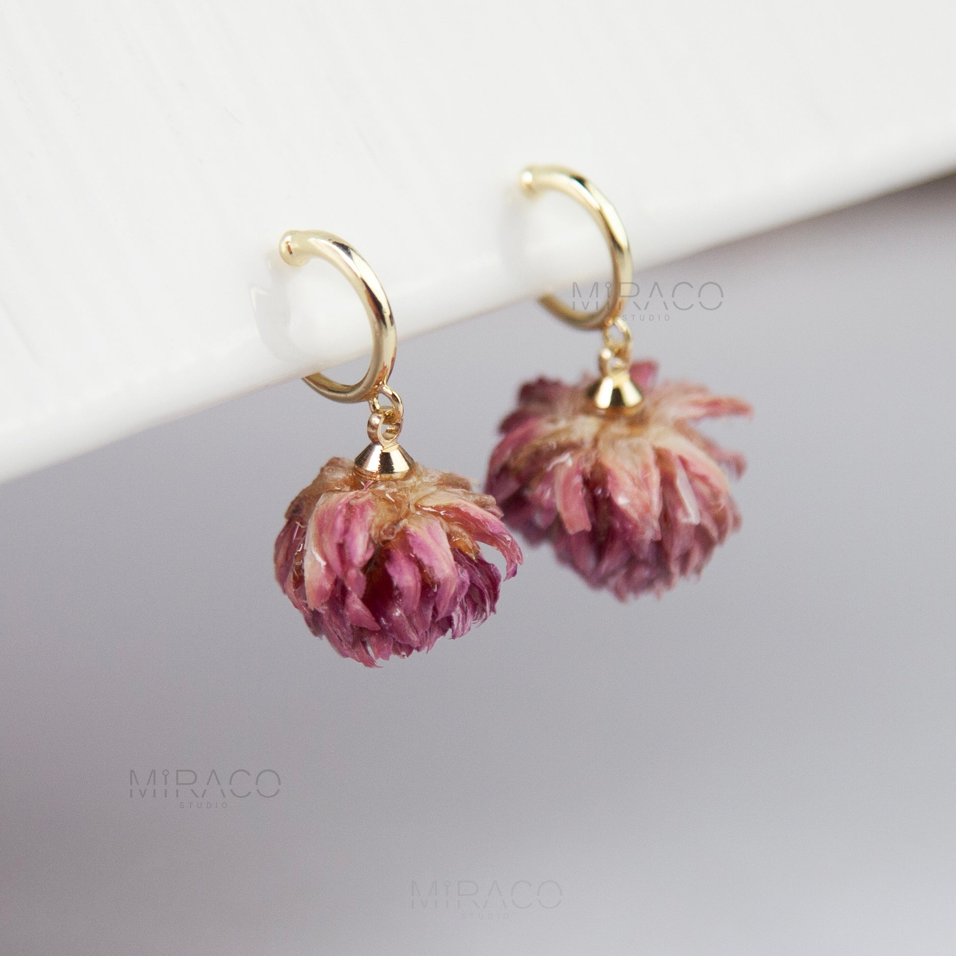 pink dried flower clip on earrings Gold Hoop Earrings with Preserved Glove Amaranth Flower Dangle Hoop Pink Floral Resin Earrings
