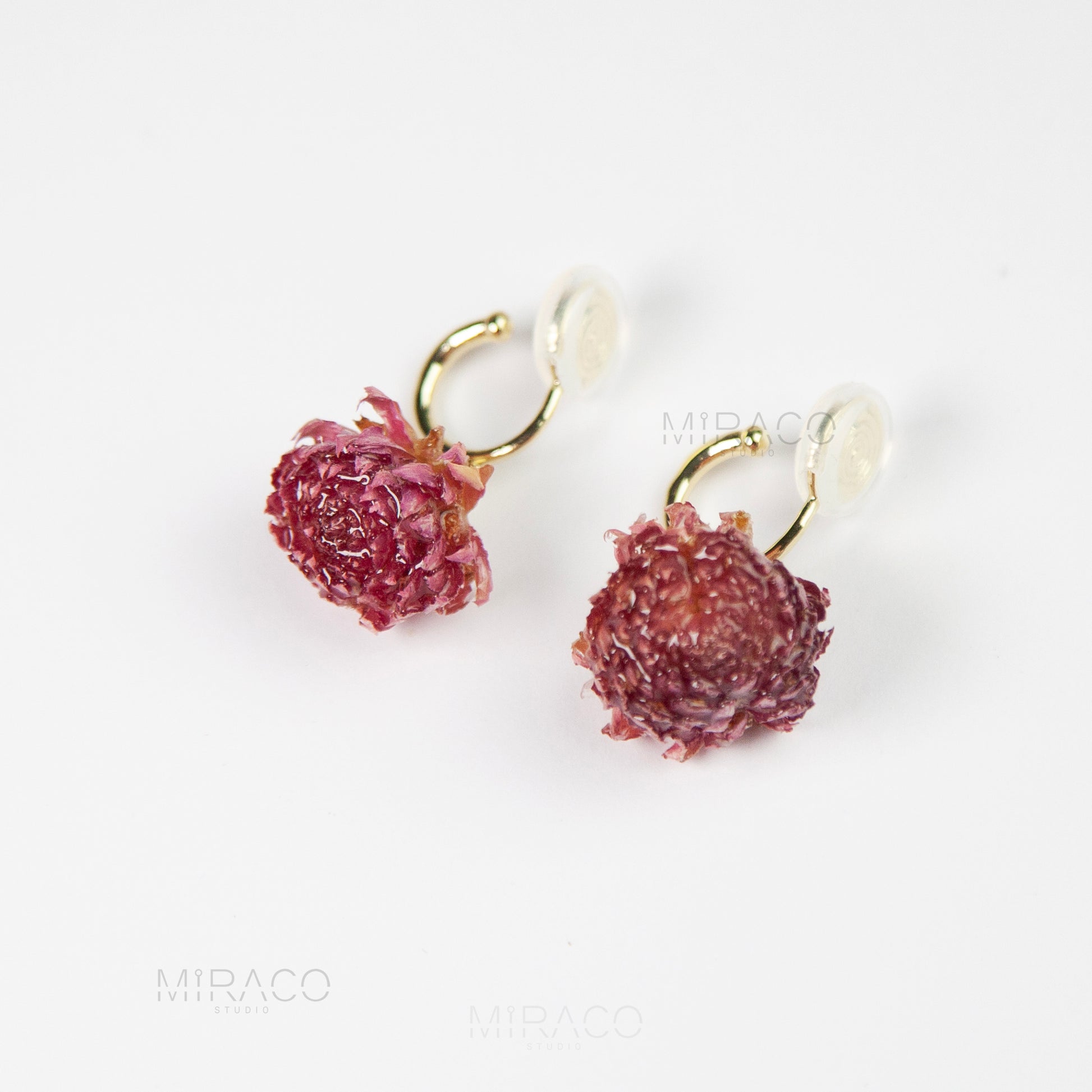 pink dried flower clip on earrings Gold Hoop Earrings with Preserved Glove Amaranth Flower Dangle Hoop Pink Floral Resin Earrings