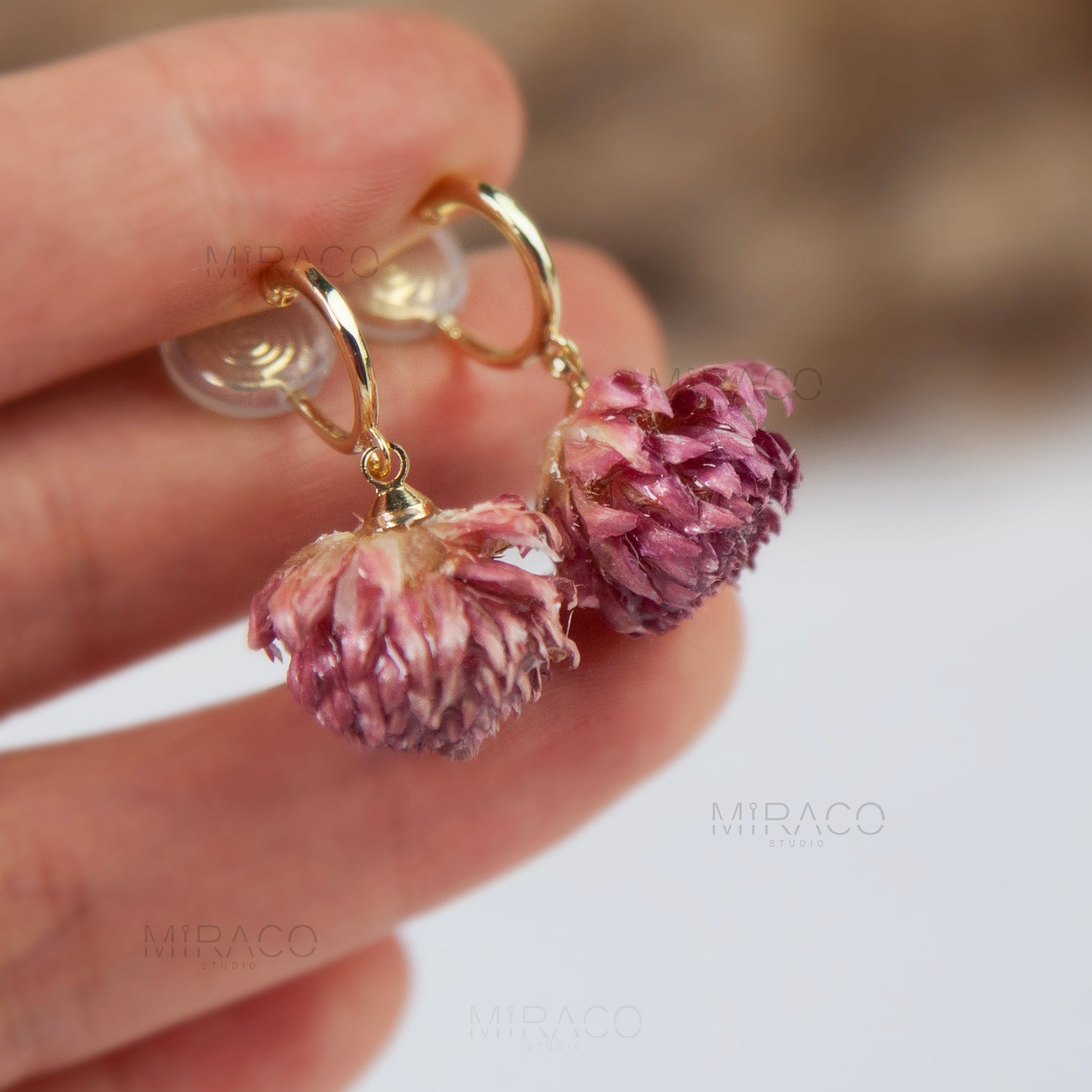 pink dried flower clip on earrings Gold Hoop Earrings with Preserved Glove Amaranth Flower Dangle Hoop Pink Floral Resin Earrings