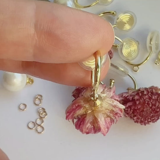 Gold Hoop Earrings with Preserved Glove Amaranth Flower Dangle Hoop Pink Floral Resin Earrings