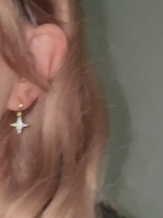 Gold Star Hoop Dangle Clip-On Earrings with Pave Crystal Diamonds Star