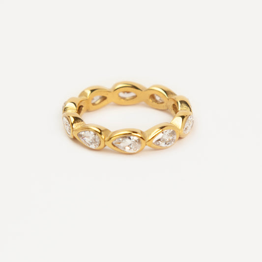 A high-shine gold-toned eternity ring made of stainless steel, featuring a continuous circle of bezel-set pear-cut clear crystals