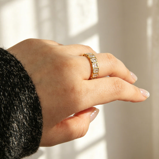 A polished gold-tone stainless steel eternity band ring featuring a continuous row of bezel-set emerald-cut clear crystals