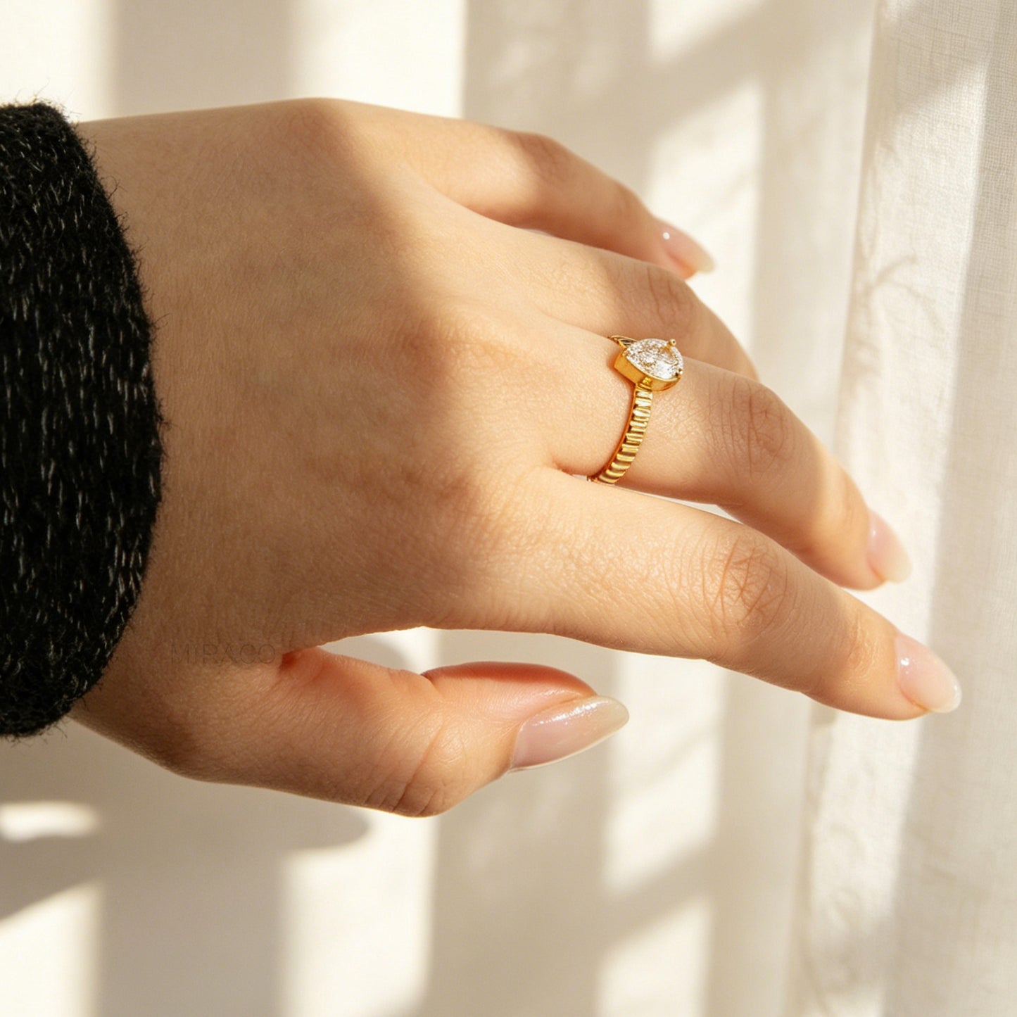 Gold Ribbed Pear-Cut Solitaire Ring – Waterproof Stainless Steel Jewelry