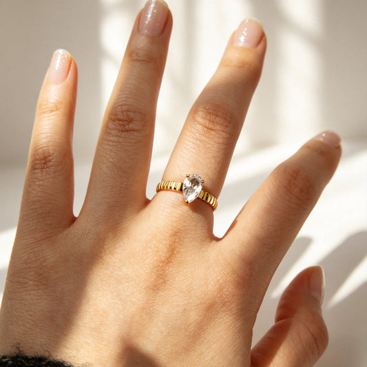 Gold Ribbed Pear-Cut Solitaire Ring – Waterproof Stainless Steel Jewelry