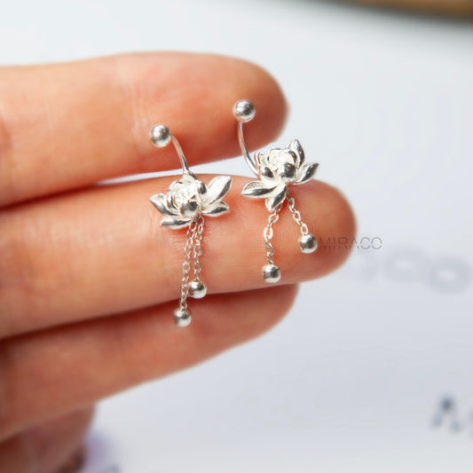 Sterling Silver Lotus Flower Drop Earrings – Delicate & Elegant Dangle