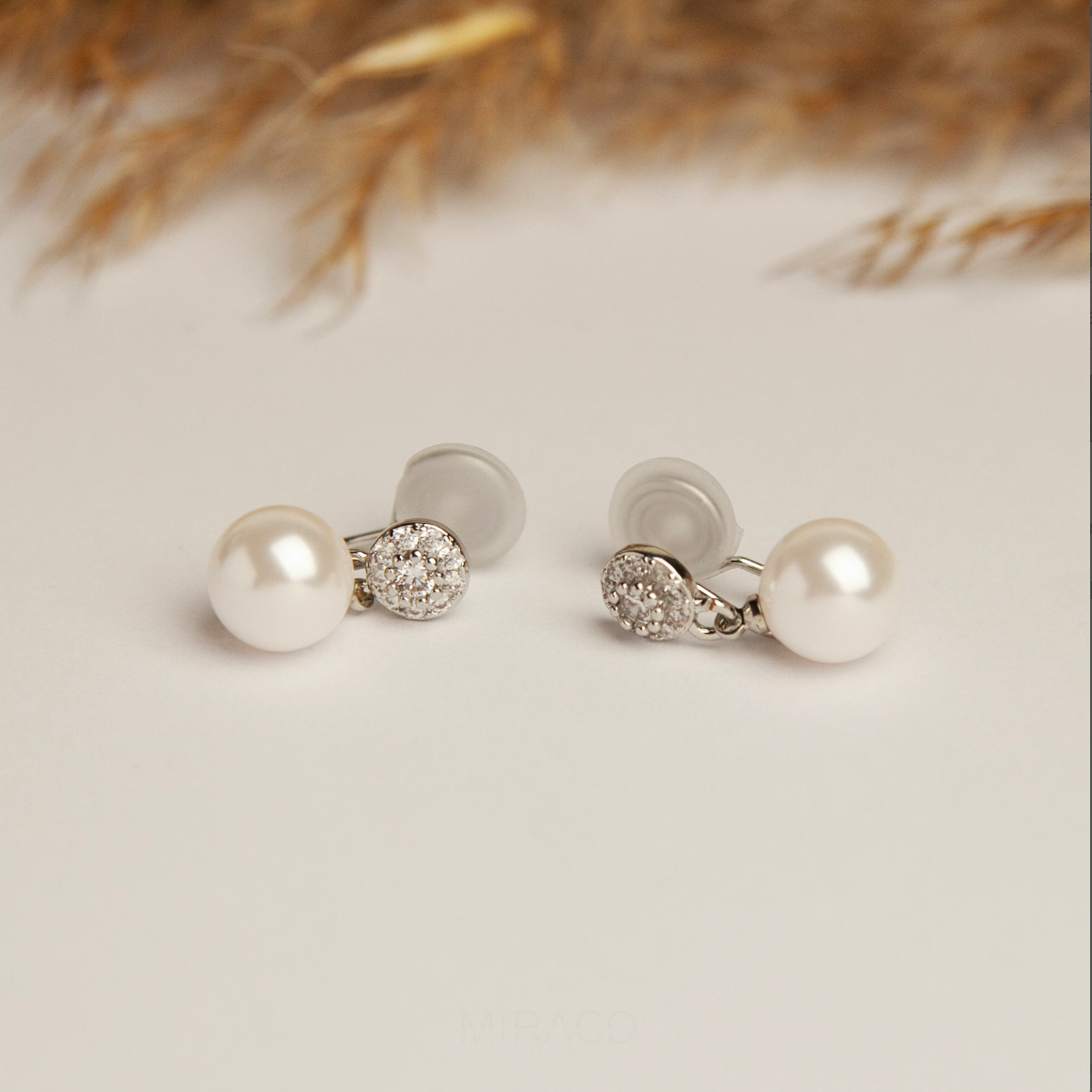 Pearls Dangle Clip On Earrings with Silver Round Pave Diamond, Bridesmaids CZ Crystals Dangle Pearls Non Pierced Earrings
